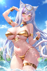 Rule 34 | 1girl, animal ear fluff, animal ears, arm up, armlet, bare shoulders, bikini, blush, breasts, cat ears, cat girl, cat tail, commentary request, earrings, gold bikini, highres, jewelry, kamishiro kurea, large breasts, long hair, looking at viewer, multicolored hair, nail polish, navel, open mouth, otogi resurrection, outdoors, partially submerged, smile, solo, stomach, streaked hair, studiopokotan, swimsuit, tail, thighlet, thighs, underboob, virtual youtuber, water, wet, white hair, yellow eyes