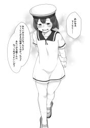 Rule 34 | arms behind back, blush, character request, check character, commentary request, daitou (kancolle), dress, greyscale, hair between eyes, hat, highres, kantai collection, medium hair, monochrome, open mouth, ponytail, sailor collar, sailor dress, sailor hat, solo, speech bubble, takasugi heppu, translation request