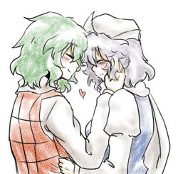 Rule 34 | 2girls, blush, closed eyes, commentary request, facing another, from behind, green hair, grey hair, hat, juliet sleeves, kagosumi, kazami yuuka, letty whiterock, long sleeves, multiple girls, puffy sleeves, red vest, short hair, sketch, smile, touhou, upper body, vest, wavy hair, white hat, yuri