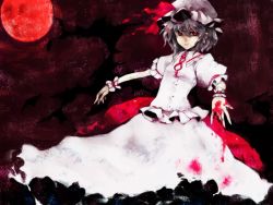 Rule 34 | 1girl, bat wings, blood, female focus, fori, hat, moon, red eyes, red moon, remilia scarlet, short hair, skirt, solo, touhou, wings, wrist cuffs
