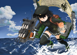 Rule 34 | 10s, 1girl, :o, akitsu maru (kancolle), backpack, bad id, bad pixiv id, bag, black hair, black skirt, black thighhighs, blue sky, brown eyes, cannon, cloud, cup, day, gloves, hair between eyes, hat, holding, horizon, kantai collection, machinery, mecha musume, ocean, outdoors, parted lips, pleated skirt, running, saitou (adama), serious, skirt, sky, solo, splashing, steam, thighhighs, turret, water, white gloves, zettai ryouiki