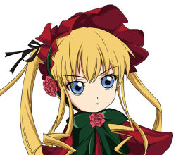Rule 34 | 00s, 1girl, blonde hair, blue eyes, bonnet, bow, bowtie, close-up, dress, eyebrows, flower, ixy, long hair, red dress, rose, rozen maiden, serious, shinku, sidelocks, simple background, solo, white background