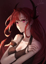 Rule 34 | 1girl, absurdres, arknights, black shirt, breasts, crescent, demon girl, demon horns, facial tattoo, halterneck, hand up, highres, horns, long hair, looking at viewer, medium breasts, pink eyes, red eyes, red hair, shirt, signature, simple background, solo, surtr (arknights), tattoo, the other lilac, upper body