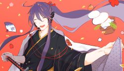 Rule 34 | 1boy, absurdres, black kimono, cherry blossoms, cloak, commentary, closed eyes, food, fruit, hair tie, hand fan, hand on hilt, headphones, highres, japanese clothes, kagami mochi, kamui gakupo, kimono, long hair, looking at viewer, male focus, mandarin orange, mochi, n03+, nail polish, open mouth, paper fan, ponytail, purple hair, purple nails, red background, samurai, seigaiha, sheath, sheathed, sidelocks, smile, sword, upper body, very long hair, vocaloid, weapon, white cloak