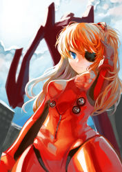 1girl, absurdres, artist request, blue eyes, breasts, brown hair, city, curvy, eva 02, evangelion: 3.0 you can (not) redo, eyepatch, highres, long hair, looking at viewer, mecha, medium breasts, neon genesis evangelion, plugsuit, rebuild of evangelion, shiny, shiny clothes, shiny hair, simple background, sky, smile, solo, soryu asuka langley, twintails, very long hair