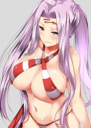 Rule 34 | 1girl, absurdres, alternate costume, ar (lover boy), bare shoulders, bikini, blush, breasts, cleavage, closed mouth, collarbone, commentary request, criss-cross halter, facial mark, fate/grand order, fate (series), forehead mark, from above, hair intakes, halterneck, highres, large breasts, long hair, medusa (fate), medusa (rider) (fate), navel, nero claudius (fate), nero claudius (fate) (all), nero claudius (swimsuit caster) (fate), ponytail, purple eyes, purple hair, red bikini, shiny skin, solo, square pupils, standing, striped bikini, striped clothes, swimsuit, very long hair