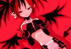 Rule 34 | 00s, 1girl, bat wings, bracelet, demon girl, disgaea, earrings, elbow gloves, etna (disgaea), game cg, gloves, half-closed eyes, harada takehito, jewelry, makai senki disgaea, miniskirt, nippon ichi, official art, pencil skirt, pointy ears, red background, red eyes, red hair, red theme, skirt, solo, tail, twintails, wings