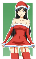 Rule 34 | 10s, 1girl, alternate costume, bare shoulders, black hair, blue eyes, blush, breasts, christmas, cleavage, closed mouth, clothes lift, collarbone, covered navel, cowboy shot, detached sleeves, dress, eyebrows hidden by hair, female focus, fur trim, garter straps, goriate, green background, hat, kumashiro maya, large breasts, long hair, looking at viewer, naughty face, neck, one eye closed, outside border, red detached sleeves, red dress, red hat, red thighhighs, santa costume, santa hat, seikimatsu occult gakuin, short dress, skin tight, sleeves past wrists, smile, solo, standing, straight hair, strapless, strapless dress, swept bangs, thighhighs, tube dress, two-tone background, wink