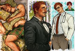 Rule 34 | 1boy, bara, belt, black jacket, bow, bowtie, brown belt, brown hair, closed eyes, closed mouth, collared shirt, facial hair, hands in pockets, harvey (stardew valley), highres, jacket, jewelry, large pectorals, lying, male focus, muscular, muscular male, mustache, necktie, on side, pectorals, ring, shirt, short hair, sleeping, stardew valley, stethoscope, tank top, thick mustache, twitter username, umikochannart, white shirt, white tank top