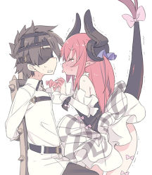 Rule 34 | 1boy, 1girl, bare shoulders, black blindfold, black pants, blade (galaxist), blindfold, blue ribbon, blush, brown hair, chair, chaldea uniform, closed eyes, curled horns, detached sleeves, dragon girl, dragon horns, dragon tail, elizabeth bathory (fate), elizabeth bathory (fate/extra ccc), elizabeth bathory (second ascension) (fate), fate/grand order, fate (series), fujimaru ritsuka (male), full-face blush, hair between eyes, hair ribbon, hands up, horns, imminent kiss, jacket, long hair, long sleeves, pants, parted lips, plaid, plaid skirt, pointy ears, profile, red hair, ribbon, rojiura satsuki: chapter heroine sanctuary, simple background, sitting, skirt, standing, sweat, tail, tail raised, tears, trembling, two side up, uniform, very long hair, white background, white jacket, white skirt
