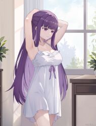 Rule 34 | 1girl, absurdres, armpits, arms up, blunt bangs, breasts, cleavage, closed mouth, commentary request, cowboy shot, dress, fern (sousou no frieren), flower pot, highres, indoors, light smile, long hair, looking to the side, medium breasts, purple eyes, purple hair, solo, sousou no frieren, table, tying hair, white dress, window, xiongji z z