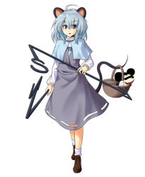 Rule 34 | 1girl, akudato, animal ears, blue eyes, blue hair, censored, disney, female focus, full body, identity censor, mickey mouse, mouse ears, mouse tail, nazrin, pointless censoring, simple background, solo, standing, tail, touhou, white background