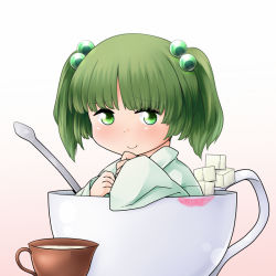 Rule 34 | 1girl, bbb (33kudo), cream, cup, gradient background, green eyes, green hair, hair bobbles, hair ornament, hand on own chin, in container, in cup, kisume, lipstick mark, looking at viewer, matching hair/eyes, simple background, smile, solo, spoon, sugar cube, teacup, touhou, twintails