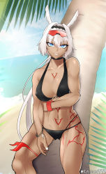 Rule 34 | 1girl, animal ears, arm under breasts, bare shoulders, beach, bikini, black bikini, black hairband, blue eyes, blue sky, body markings, bracelet, breasts, caenis (fate), caenis (swimsuit rider) (fate), caenis (swimsuit rider) (first ascension) (fate), cleavage, cloud, collarbone, commentary, covered erect nipples, cowboy shot, dark-skinned female, dark skin, day, eyewear on head, fate/grand order, fate (series), gluteal fold, groin, hair between eyes, hair intakes, hairband, highres, jewelry, large breasts, long hair, looking at viewer, low ponytail, multi-strapped bikini, nail polish, navel, ocean, outdoors, palm tree, parted lips, red wristband, sidelocks, sky, smile, solo, standing, stomach, sunglasses, sunlight, swimsuit, thigh strap, tree, twitter username, very long hair, white hair, white nails, wristband, wuwuwu (kriswu555)