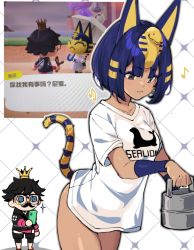 Rule 34 | 1boy, 1girl, animal crossing, animal ears, ankh earrings, ankha (animal crossing), black eyes, black hair, blue eyes, blue hair, bob cut, bottomless, cat ears, cat girl, cat tail, cellphone, chibi, chinese text, closed eyes, earrings, facial hair, glasses, humanization, jewelry, looking away, musical note, mustache, naked shirt, nintendo, personification, phone, photo inset, reference inset, shirt, short hair, tail, translated, villager (animal crossing), white background, white shirt, wulazula