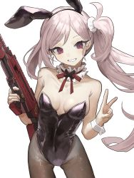 Rule 34 | absurdres, animal ears, black leotard, blue archive, breasts, cleavage, gun, hair ornament, hair scrunchie, highres, holding, holding weapon, leotard, long hair, looking at viewer, medium breasts, mutsuki (blue archive), pantyhose, playboy bunny, rabbit ears, red eyes, scrunchie, side ponytail, simple background, smile, tachibana wataru (123tsuki), v, very long hair, weapon, white background, white hair, white scrunchie, wrist cuffs