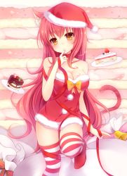 Rule 34 | 1girl, amashiro natsuki, animal ears, bad id, bad pixiv id, bow, breasts, cake, cake slice, cat ears, choker, cleavage, cream, finger to mouth, food, food on body, hat, long hair, looking at viewer, original, red hair, ribbon, sack, santa costume, santa hat, solo, standing, standing on one leg, strawberry shortcake, striped clothes, striped thighhighs, thighhighs, yellow eyes