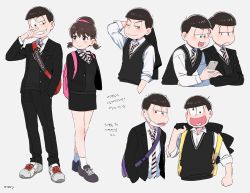 Rule 34 | 10s, 1girl, 6+boys, :&lt;, :o, ;3, alternate costume, arm up, artist name, backpack, bad id, bad pixiv id, bag, black eyes, black footwear, black hair, black jacket, black pants, black skirt, black sweater, blazer, blush, bow, bowl cut, bowtie, breasts, brothers, brown eyes, brown hair, character name, clenched hand, closed mouth, collared shirt, copyright name, cropped torso, cross-laced footwear, dress shirt, grey background, grin, hairband, hand in pocket, heart, heart in mouth, hetero, holding, holding clothes, holding jacket, holding phone, jacket, korean text, long sleeves, looking at another, looking at viewer, looking to the side, mask, matsuno choromatsu, matsuno ichimatsu, matsuno jyushimatsu, matsuno karamatsu, matsuno osomatsu, matsuno todomatsu, mery (yangmalgage), miniskirt, mouth mask, multiple boys, necktie, one eye closed, open clothes, open jacket, osomatsu-kun, osomatsu-san, pants, pencil skirt, phone, sextuplets, shirt, shoes, short twintails, siblings, simple background, skirt, sleeves rolled up, small breasts, smile, sneakers, socks, standing, striped bow, striped bowtie, striped clothes, striped necktie, striped neckwear, surgical mask, sweater, sweater vest, twintails, uneven eyes, unworn blazer, unworn jacket, white legwear, white shirt, wiping nose, yowai totoko
