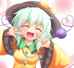 Rule 34 | 1girl, bad id, bad pixiv id, blush, bow, closed eyes, female focus, hat, hat bow, heart, heart of string, komeiji koishi, long sleeves, open mouth, shirt, sills, silver hair, smile, solo, third eye, touhou, upper body, wide sleeves