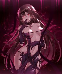 Rule 34 | 1girl, bare shoulders, black dress, black gloves, blurry, blurry background, blurry foreground, breasts, breath, brown hair, choker, cowboy shot, depth of field, dress, fate/grand order, fate (series), gloves, hand to own mouth, heiyan shenshi, highres, long hair, looking at viewer, medium breasts, navel, open mouth, red eyes, revealing clothes, ribbon trim, sidelocks, solo, very long hair, yu mei-ren (fate)