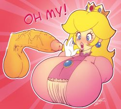 Rule 34 | 1boy, 1girl, :o, artist name, blonde hair, blue eyes, blush, bowser, breasts, brooch, catchphrase, cropped torso, crown, disembodied penis, earrings, emphasis lines, english text, eyelashes, gloves, hand up, highres, huge breasts, huge penis, huge testicles, jewelry, lips, looking at penis, mario (series), medium hair, nintendo, open hand, open mouth, outline, penis, pink background, pink lips, pink shirt, princess, princess peach, puffy short sleeves, puffy sleeves, shirt, short sleeves, solo focus, spiked penis, super mario bros. 1, surprised, teer, testicles, thick lips, upper body, veins, veiny penis, white gloves, white outline