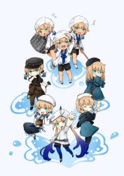 Rule 34 | 4boys, 4girls, bag, baker nemo (fate), barefoot, barrel, beret, black headwear, black shirt, black shorts, blonde hair, blue dress, blue eyes, blue pantyhose, blue skirt, broom, brown jumpsuit, captain nemo (fate), carrying, chef hat, chibi, closed eyes, covering own mouth, dress, engineer nemo (fate), fate/grand order, fate (series), flying sweatdrops, glasses, hair ribbon, hammer, hand over own mouth, hat, holding, holding broom, holding syringe, jumpsuit, jumpsuit around waist, low twintails, ma0x0o, marine nemo (fate), military hat, multicolored hair, multiple boys, multiple girls, musical note, nemo (fate), nurse, nurse cap, nurse nemo (fate), open mouth, pantyhose, professor nemo (fate), puddle, ribbon, salute, shirt, shorts, shoulder bag, simple background, skirt, sleeves rolled up, smile, smug, socks, streaked hair, suspenders, syringe, turban, twintails, very long sleeves, water, white background, white headwear, white socks