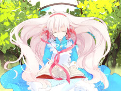 Rule 34 | 1girl, apron, aqua dress, big hair, book, book on lap, buttoned cuffs, buttons, closed eyes, collared dress, commentary, day, dress, expressionless, facing viewer, feet out of frame, floating hair, foliage, frilled apron, frills, hair ribbon, hairband, jewelry, kagerou project, key, kozakura marry, kyokutsuki, light particles, long hair, necklace, open book, open collar, outdoors, parted lips, pink hairband, pink ribbon, ribbon, simple bird, sitting, sleeves past elbows, solo, song name, souzou forest (vocaloid), tree, very long hair, wavy hair, white apron, white hair, wind
