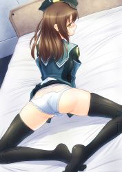 Rule 34 | 1girl, all fours, arks trainee female uniform, ass, bed, blush, brown eyes, brown hair, cameltoe, clothes lift, hat, highres, long hair, looking back, panties, phantasy star, phantasy star online 2, presenting, ryu-akt, skirt, skirt lift, solo, thighhighs, underwear, upskirt