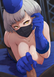 Rule 34 | 1boy, 1girl, adjusting hair, all fours, alpha-type, black mask, black thighhighs, blue gloves, blue hat, blurry, blurry background, breasts, censored, collarbone, commentary request, elbow gloves, elizabeth (persona), erection, gloves, grey hair, handjob, hat, hetero, highres, indoors, large breasts, looking at viewer, mask, mosaic censoring, mouth mask, nipples, penis, persona, persona 3, pov, short hair, thighhighs, topless, yellow eyes