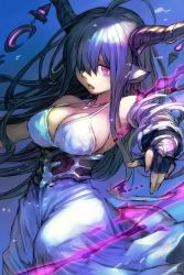 Rule 34 | 10s, 1girl, bare shoulders, black hair, breasts, cleavage, danua, draph, fingerless gloves, gloves, granblue fantasy, hair over one eye, horns, hungry clicker, large breasts, long hair, looking at viewer, open mouth, pink eyes, red eyes, sideboob, solo