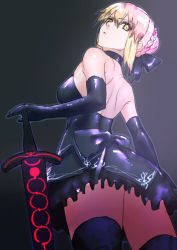 Rule 34 | 1girl, absurdres, artoria pendragon (all), artoria pendragon (fate), back, black dress, black gloves, black thighhighs, blonde hair, breasts, dress, elbow gloves, excalibur morgan (fate), fate/grand order, fate/stay night, fate (series), gloves, highres, saber (fate), saber alter, shikuro (masax1107), sleeveless, sleeveless dress, solo, thighhighs, yellow eyes