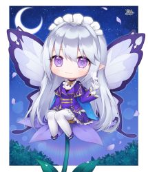 Rule 34 | 1girl, :3, animal, animal on hand, blush, bug, butterfly, butterfly on hand, chibi, closed mouth, commentary request, commission, crescent moon, fairy, fairy wings, flower, flower-shaped pupils, gloves, grey wings, hair between eyes, hand up, insect, jacket, long hair, long sleeves, looking at viewer, mini person, minigirl, moon, night, night sky, on flower, original, petals, pleated skirt, pong (vndn124), purple eyes, purple flower, purple jacket, purple skirt, signature, silver hair, skirt, sky, solo, star (symbol), starry background, starry moon, symbol-shaped pupils, thighhighs, very long hair, white footwear, white gloves, white thighhighs, wide sleeves, wings