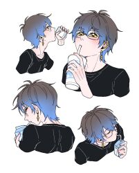 Rule 34 | 1boy, black shirt, blue hair, chinese commentary, cup, disposable cup, drinking straw, drinking straw in mouth, earrings, fouqi, from behind, from side, glass bottle, glasses, gradient hair, grey hair, hair between eyes, ike eveland, jewelry, juice box, looking at viewer, male focus, milk carton, multicolored hair, multiple views, nijisanji, nijisanji en, shirt, short hair, simple background, solo, upper body, virtual youtuber, white background, yellow eyes