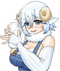 Rule 34 | 1girl, animal ears, blue eyes, blue hair, blue overalls, blush, bottle, bow, breasts, brown bow, cleavage, close (sophora09), commentary request, crossed bangs, curled horns, elbow gloves, eyes visible through hair, fingerless gloves, gloves, hair between eyes, highres, holding, holding bottle, horizontal pupils, horns, large breasts, looking at viewer, merino (monster musume), milk, milk bottle, monster musume no iru nichijou, neck fur, open mouth, overalls, sheep ears, sheep girl, short hair, simple background, smile, solo, upper body, white background, white gloves