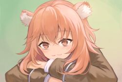 Rule 34 | 1girl, animal ear fluff, arknights, blush, brown eyes, gravel (arknights), head rest, long sleeves, looking at viewer, pink hair, short hair, simple background, smile, solo, touchika, upper body