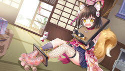 Rule 34 | 1girl, absurdres, animal ear fluff, animal ears, black eyes, black gloves, blue archive, bound, bound ankles, bound wrists, box, brown hair, cardboard box, chain, commentary request, cuffs, fishnet thighhighs, fishnets, fox tail, gloves, highres, indoors, izuna (blue archive), looking at viewer, nervous, ninja, okazakileo, partially fingerless gloves, roller skates, shackles, short hair, single sock, single thighhigh, sitting, skates, socks, solo, stocks, tail, tearing up, thighhighs, tied up (nonsexual), wind chime, yellow eyes, yoke