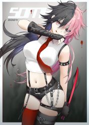 Rule 34 | 1girl, :q, arm strap, asymmetrical gloves, asymmetrical legwear, bare shoulders, belt, black eyes, black gloves, black hair, black shorts, black thighhighs, breasts, chain, closed mouth, collared shirt, combat knife, cowboy shot, crop top, garter straps, gloves, heterochromia, holding, holding weapon, knife, lloule, long hair, looking at viewer, medium breasts, micro shorts, midriff, mismatched legwear, multicolored hair, navel, original, partially fingerless gloves, pink hair, red eyes, red thighhighs, reverse grip, shirt, shorts, sleeveless, sleeveless shirt, smile, solo, spikes, split-color hair, standing, stomach, suspenders, thighhighs, thighs, tongue, tongue out, two-tone hair, uneven gloves, weapon, white shirt