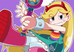 Rule 34 | 1girl, boots, child, disney, dress, eyebrows, eyelashes, fake horns, hair ornament, heart, highres, holding, horned headwear, horns, long hair, looking at viewer, pantyhose, purple background, simple background, solo, star butterfly, star vs the forces of evil, striped clothes, striped pantyhose, very long hair, wand, zankuro