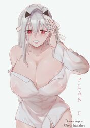 Rule 34 | 1girl, absurdres, alternate breast size, bandaged head, bandages, bare shoulders, blush, breasts, cleavage, collarbone, covered erect nipples, goddess of victory: nikke, grey hair, grin, hand on own head, highres, huge breasts, ivy hanabee, long hair, long sleeves, modernia (first affection) (nikke), modernia (nikke), off shoulder, official alternate costume, red eyes, see-through, see-through shirt, shirt, sidelocks, simple background, smile, solo, twitter username, white background, white shirt