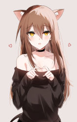 Rule 34 | 1girl, animal ears, bare shoulders, black choker, black shirt, blush, cat ears, choker, commentary request, heart, heart hands, highres, kinona, long sleeves, looking at viewer, off shoulder, original, shirt, simple background, solo, upper body, white background, yellow eyes