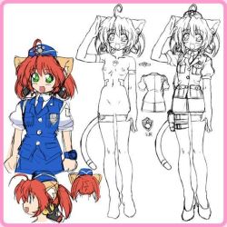 Rule 34 | 1girl, :d, ahoge, aiguillette, android, animal ears, arm up, badge, blush, border, buttons, cat ears, cat girl, cat tail, censored, character sheet, close-up, unworn clothes, drawing, female focus, flat chest, flat color, from behind, full body, garrison cap, green eyes, gun, hat, high heels, holster, koboshi, legs, lineart, looking at viewer, miniskirt, minna de nyan nyan, navel, necktie, nipples, no nose, nude, open mouth, partially colored, paw print, police, police uniform, policewoman, profile, red hair, robot ears, shirt, shoes, short hair, short twintails, simple background, sirpent, sketch, skirt, smile, solo, standing, tail, tattoo, thigh holster, twintails, uniform, vest, watch, waving, weapon, white background, wristwatch