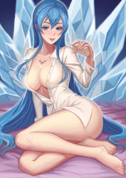 Rule 34 | 10s, 1girl, akame ga kill!, barefoot, blue eyes, blue hair, breasts, cleavage, crystal, dress shirt, esdeath, feet, hayate (leaf98k), ice, large breasts, long hair, long sleeves, matching hair/eyes, naked shirt, no bra, no panties, no pants, open clothes, open shirt, parted lips, shirt, solo, tattoo, thighs, toes, unbuttoned, very long hair