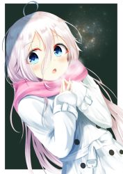Rule 34 | 1girl, :o, ahoge, aties20, blue eyes, breath, coat, commentary request, dutch angle, gradient hair, hair between eyes, hands up, ia (vocaloid), long hair, long sleeves, multicolored hair, open mouth, own hands together, parted bangs, pink hair, pink scarf, scarf, sky, sleeves past wrists, solo, star (sky), starry sky, upper body, very long hair, vocaloid, white coat, white hair