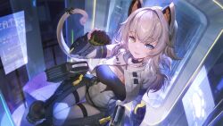 Rule 34 | 1girl, absurdres, animal ears, bison cangshu, blue eyes, bow, breasts, cat ears, cat tail, character request, fake animal ears, girls&#039; frontline 2: exilium, gloves, heterochromia, highres, looking at viewer, mecha musume, medium breasts, solo, tail, tail bow, tail ornament, white hair, yellow eyes