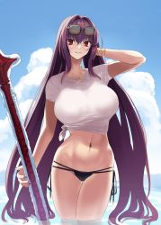 Rule 34 | 1girl, bikini, bikini bottom only, black bikini, blue sky, bracelet, breasts, eyewear on head, fate/grand order, fate (series), gachou, gae bolg (fate), hair between eyes, highres, inflatable toy, jewelry, large breasts, long hair, looking at viewer, nail polish, navel, necklace, no pants, ocean, purple hair, red eyes, scathach (fate), shirt, short sleeves, sky, smile, solo, sunglasses, swimsuit, thighs, tied shirt, wading, wet, white shirt