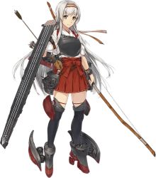 Rule 34 | 10s, 1girl, aircraft, airplane, anti-aircraft, anti-aircraft gun, archery, arrow (projectile), blush, boots, bow (weapon), brown eyes, flight deck, full body, gloves, hairband, hakama, hakama short skirt, hakama skirt, hip vent, japanese clothes, kantai collection, konishi (koconatu), kyuudou, long hair, muneate, official art, partially fingerless gloves, partly fingerless gloves, ribbon, shoukaku (kancolle), shoukaku kai ni (kancolle), silver hair, single glove, skirt, smile, solo, thigh boots, thighhighs, transparent background, turbine, weapon, yugake, zettai ryouiki