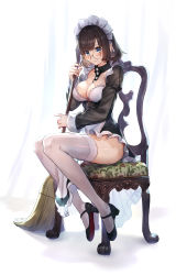 Rule 34 | 1girl, apron, between breasts, black dress, black footwear, black hair, blue eyes, breasts, broom, chair, cleavage, detached collar, dress, frilled dress, frills, full body, glasses, high heels, highres, holding, large breasts, long sleeves, looking at viewer, maid, maid apron, maid day, maid headdress, mary janes, medium breasts, original, round eyewear, see-through, shoes, shouhei, sidelocks, sitting, smile, solo, thighhighs, thighs, white background, white thighhighs