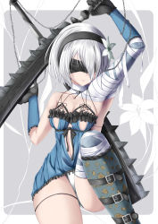 Rule 34 | 1girl, absurdres, arm up, armpits, asymmetrical clothes, ayakase hotaru, bandaged arm, bandaged leg, bandages, bare shoulders, black gloves, black hairband, black ribbon, blindfold, blue dress, breasts, cleavage, collarbone, cosplay, covered eyes, cowboy shot, dress, elbow gloves, flower, frills, gloves, hair over one eye, hairband, highres, kaine (nier), kaine (nier) (cosplay), knee up, lily (flower), lingerie, medium breasts, mole, mole under mouth, negligee, nier, nier:automata, nier (series), nose, panties, pantyshot, print thighhighs, ribbon, sash, short hair, single thighhigh, sitting, solo, spikes, spread legs, strap gap, sword, thigh strap, thighhighs, thighs, underwear, weapon, weapon on back, white hair, white panties, 2b (nier:automata)