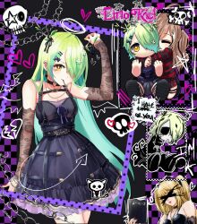 Rule 34 | 3girls, absurdres, amane misa, antler ribbon, antlers, black dress, breasts, broken heart, censored, ceres fauna, ceres fauna (goth), chibi, cleavage, closed eyes, commentary, death note, derivative work, detached sleeves, dress, emo fashion, fishnet thighhighs, fishnets, green hair, hair over one eye, heart, highres, hololive, hololive english, horns, hug, identity censor, kneeling, medium breasts, miku (mikururun), miniskirt, multiple girls, nanashi mumei, nanashi mumei (emo), ribbon, shirt, short dress, skirt, skull and crossbones, striped clothes, striped shirt, thighhighs, twintails, virtual youtuber, yellow eyes