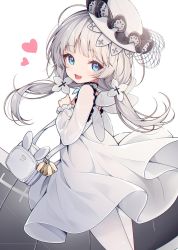 Rule 34 | 1girl, :d, aged down, aka kan, animal bag, azur lane, bell, blue eyes, dress, fairy wings, fake wings, flight deck, hat, heart, highres, illustrious (azur lane), little illustrious (azur lane), long sleeves, looking at viewer, low twintails, open mouth, pantyhose, puffy long sleeves, puffy sleeves, rabbit bag, see-through, see-through sleeves, smile, solo, twintails, white bag, white dress, white hair, white hat, white pantyhose, wings